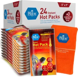 MED PRIDE Instant Hot Packs – Large 5” x 9” Disposable Heat Therapy Pads (24-Pack) – Fast-Acting Relief for Muscles, Cramps, and Injuries – Includes 3 Soft Fabric Wraps