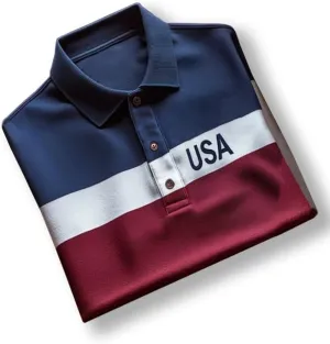 Men's Business Casual Striped Independence Day Button Short Sleeve Polo Shirt 4th of July American Flag Tee
