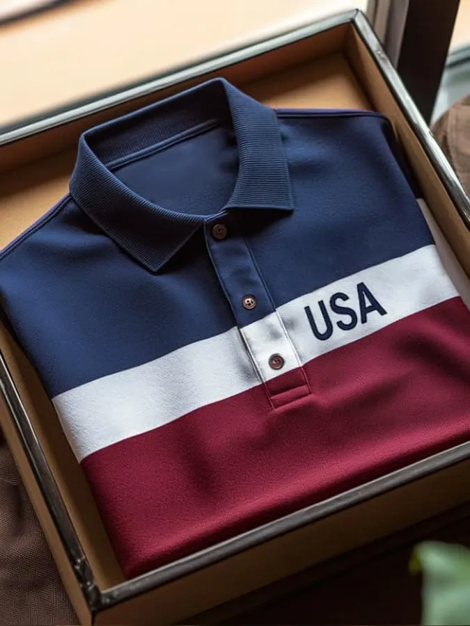 Men's Business Casual Striped Independence Day Button Short Sleeve Polo Shirt 4th of July American Flag Tee