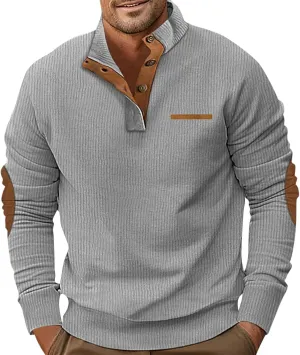 Mens Corduroy Sweater with Elbow Patches Long Sleeve Button Turtleneck Polo Shirts Vintage Waffle Sweatshirts