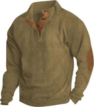 Mens Corduroy Sweater with Elbow Patches Long Sleeve Button Turtleneck Polo Shirts Waffle Knit Sweatshirts