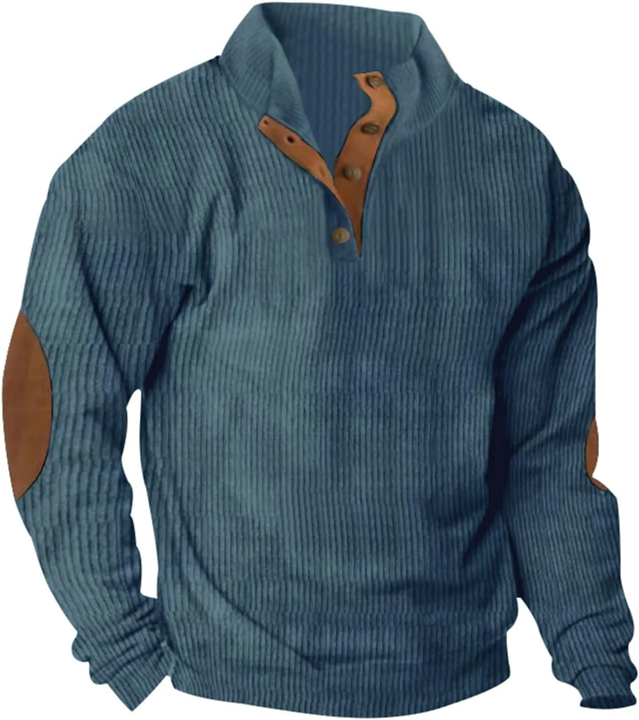 Mens Corduroy Sweater with Elbow Patches Long Sleeve Button Turtleneck Polo Shirts Waffle Knit Sweatshirts