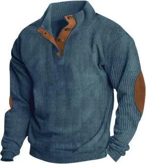 Mens Corduroy Sweater with Elbow Patches Long Sleeve Button Turtleneck Polo Shirts Waffle Knit Sweatshirts