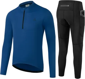 Men's Cycling Jersey 1/3 Zipper Cycling Set Solid Color Club Fit, Long Sleeeves Bike Jersey and Pants Zipper Pocket