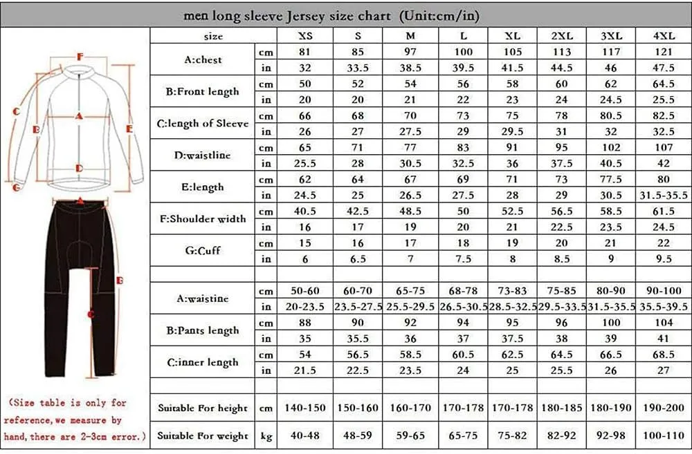 Men's Cycling Jersey Set Long Sleeve Cycling Clothing Road Bike Shirts Bicycle Jersey with 20D Gel Padded Long Pants