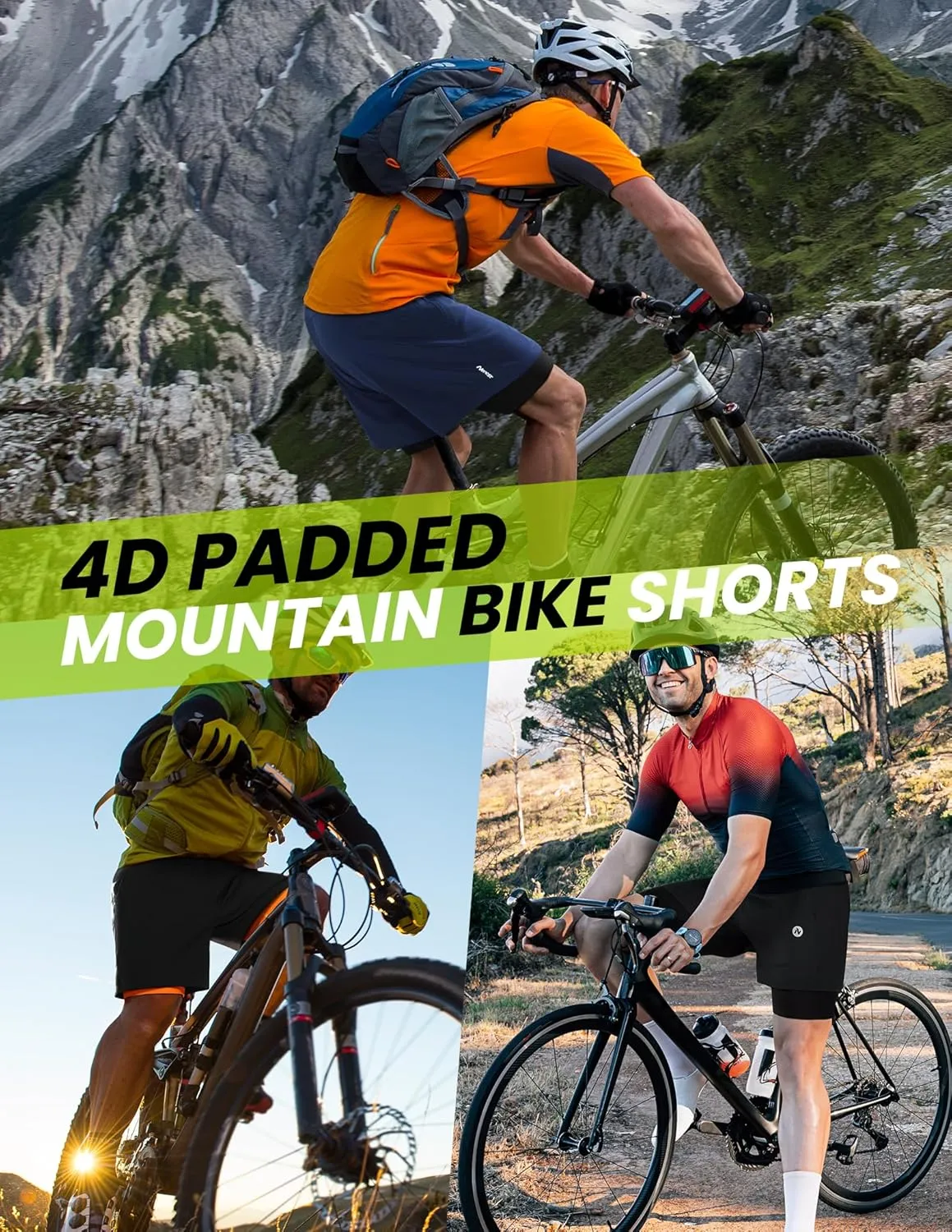 Men’s Mountain Bike Shorts 4D Padded MTB Cycling Biking Bicycle Riding Shorts with Zipper Pockets, Loose-fit