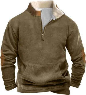 Men's Vintage Western Cowboy Zipper Sweatshirt Winter Warm Pullover 1/4 Zip Stand Collar Fit Casual Tactical Jacket