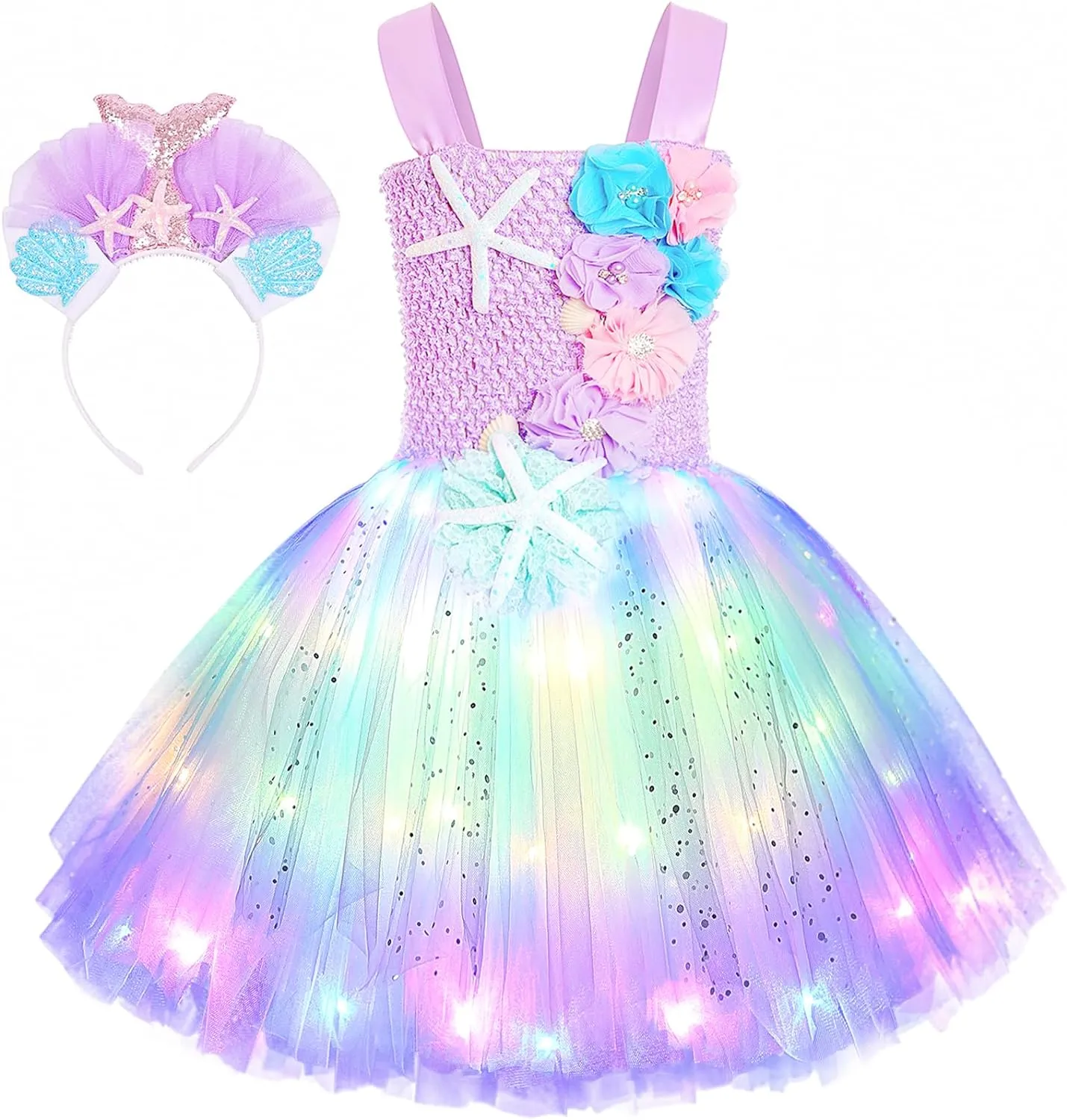 Mermaid Costume Dress for Girls Mermaid Light Up Dress for Girls Mermaid Birthday Party Gifts Decorations Halloween Costumes (5-6 Years)
