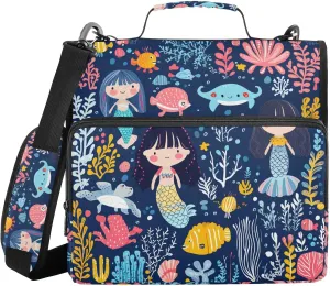 Mermaids Princess Sea Animals Zipper Binder with Shoulder Strap Trapper Keeper 3 Ring Binder Organizer Large Capacity Multiple Compartments for School Office