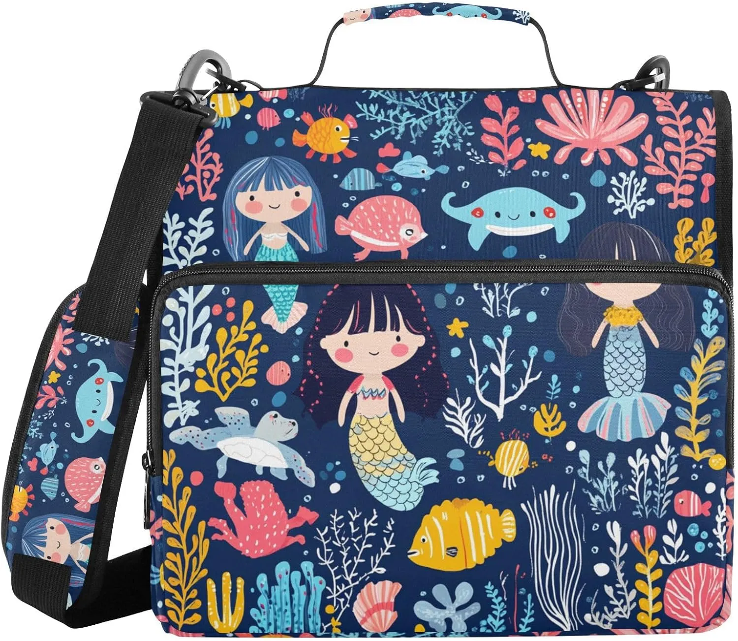 Mermaids Princess Sea Animals Zipper Binder with Shoulder Strap Trapper Keeper 3 Ring Binder Organizer Large Capacity Multiple Compartments for School Office