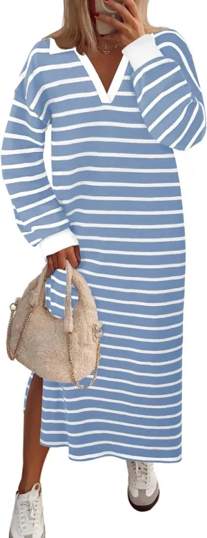 MEROKEETY Women's 2024 Fall Long Sleeve Striped Dress V Neck Collared Side Slit Casual Maxi Dresses