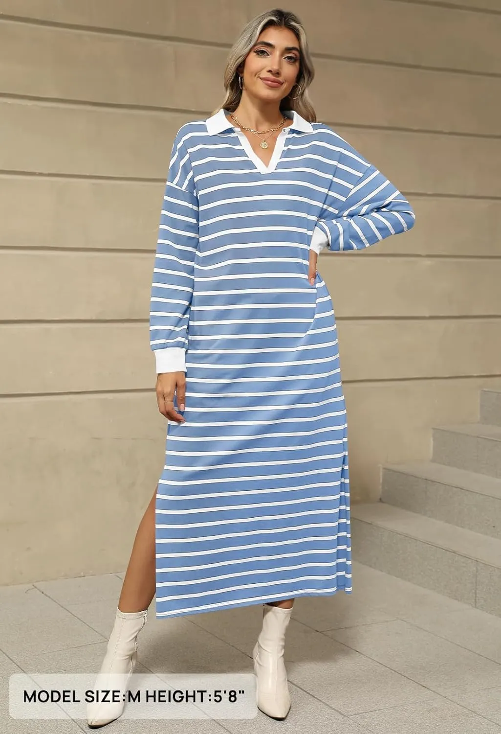 MEROKEETY Women's 2024 Fall Long Sleeve Striped Dress V Neck Collared Side Slit Casual Maxi Dresses