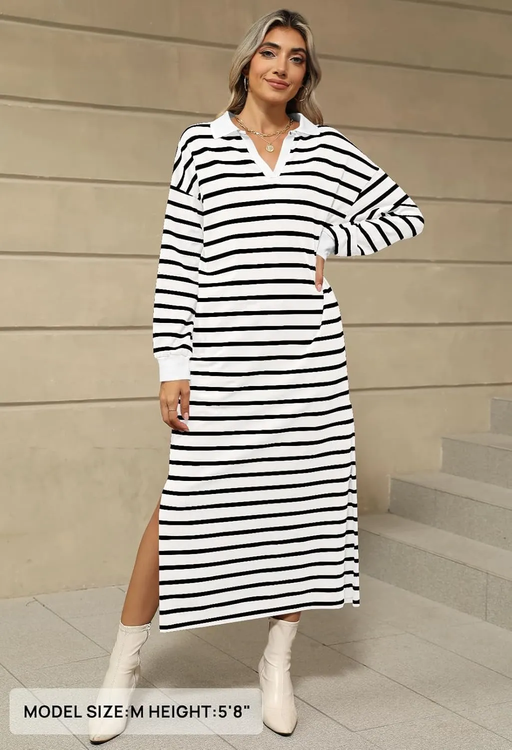 MEROKEETY Women's 2024 Fall Long Sleeve Striped Dress V Neck Collared Side Slit Casual Maxi Dresses