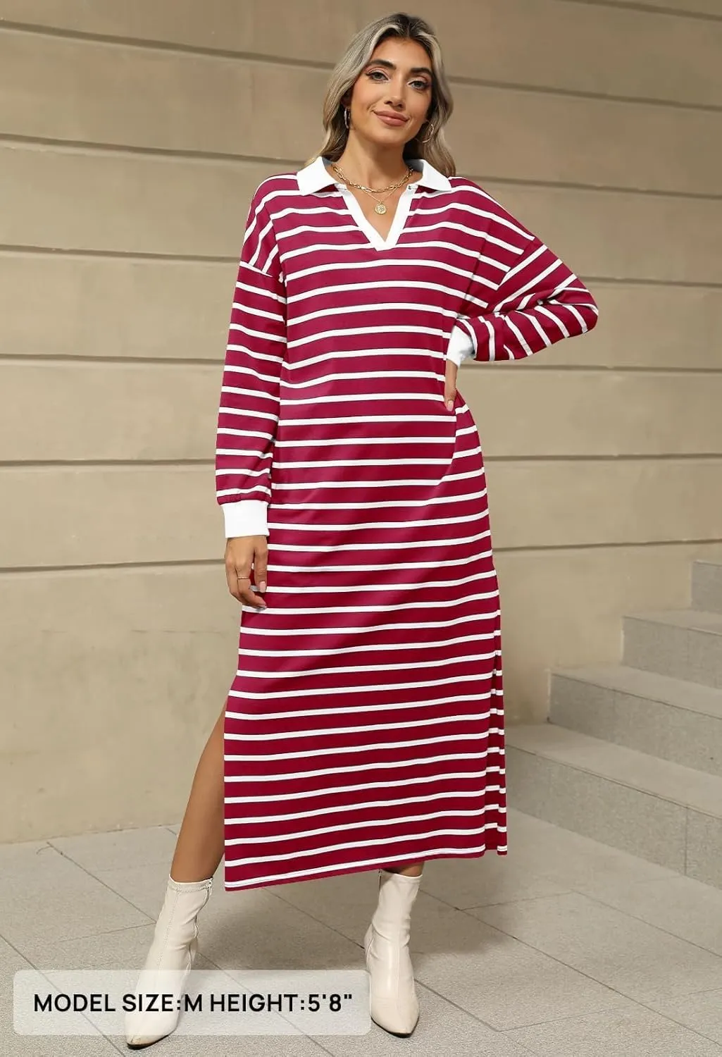 MEROKEETY Women's 2024 Fall Long Sleeve Striped Dress V Neck Collared Side Slit Casual Maxi Dresses