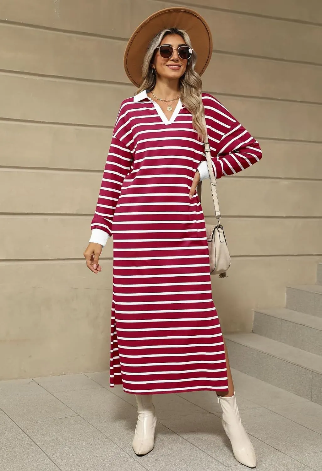 MEROKEETY Women's 2024 Fall Long Sleeve Striped Dress V Neck Collared Side Slit Casual Maxi Dresses