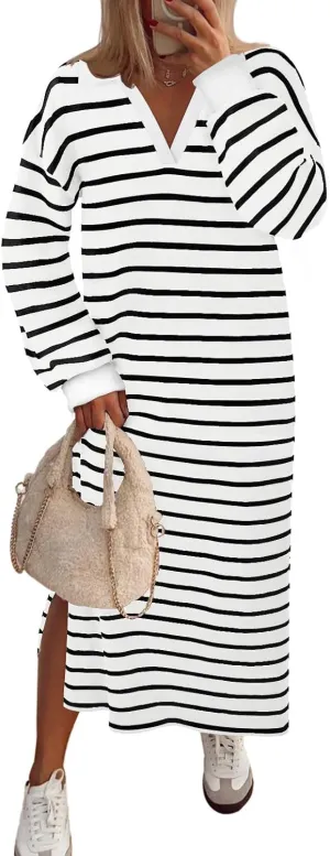 MEROKEETY Women's 2024 Fall Long Sleeve Striped Dress V Neck Collared Side Slit Casual Maxi Dresses