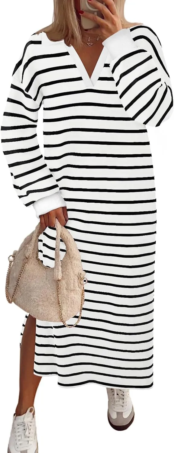 MEROKEETY Women's 2024 Fall Long Sleeve Striped Dress V Neck Collared Side Slit Casual Maxi Dresses