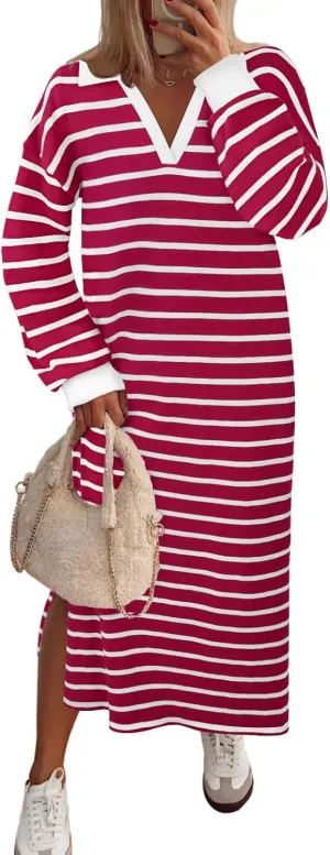 MEROKEETY Women's 2024 Fall Long Sleeve Striped Dress V Neck Collared Side Slit Casual Maxi Dresses