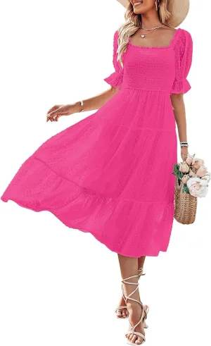 MEROKEETY Women's 2025 Summer Square Neck Puff Sleeve Boho Midi Dress Swiss Dot Ruffle Flowy Tie Back Dress