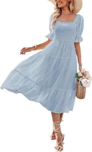 MEROKEETY Women's 2025 Summer Square Neck Puff Sleeve Boho Midi Dress Swiss Dot Ruffle Flowy Tie Back Dress
