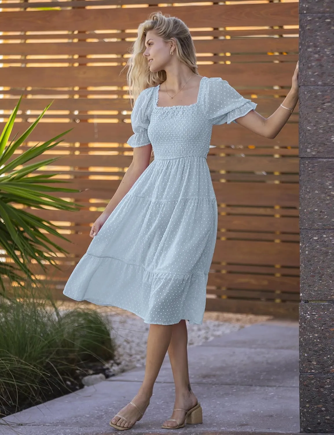 MEROKEETY Women's 2025 Summer Square Neck Puff Sleeve Boho Midi Dress Swiss Dot Ruffle Flowy Tie Back Dress