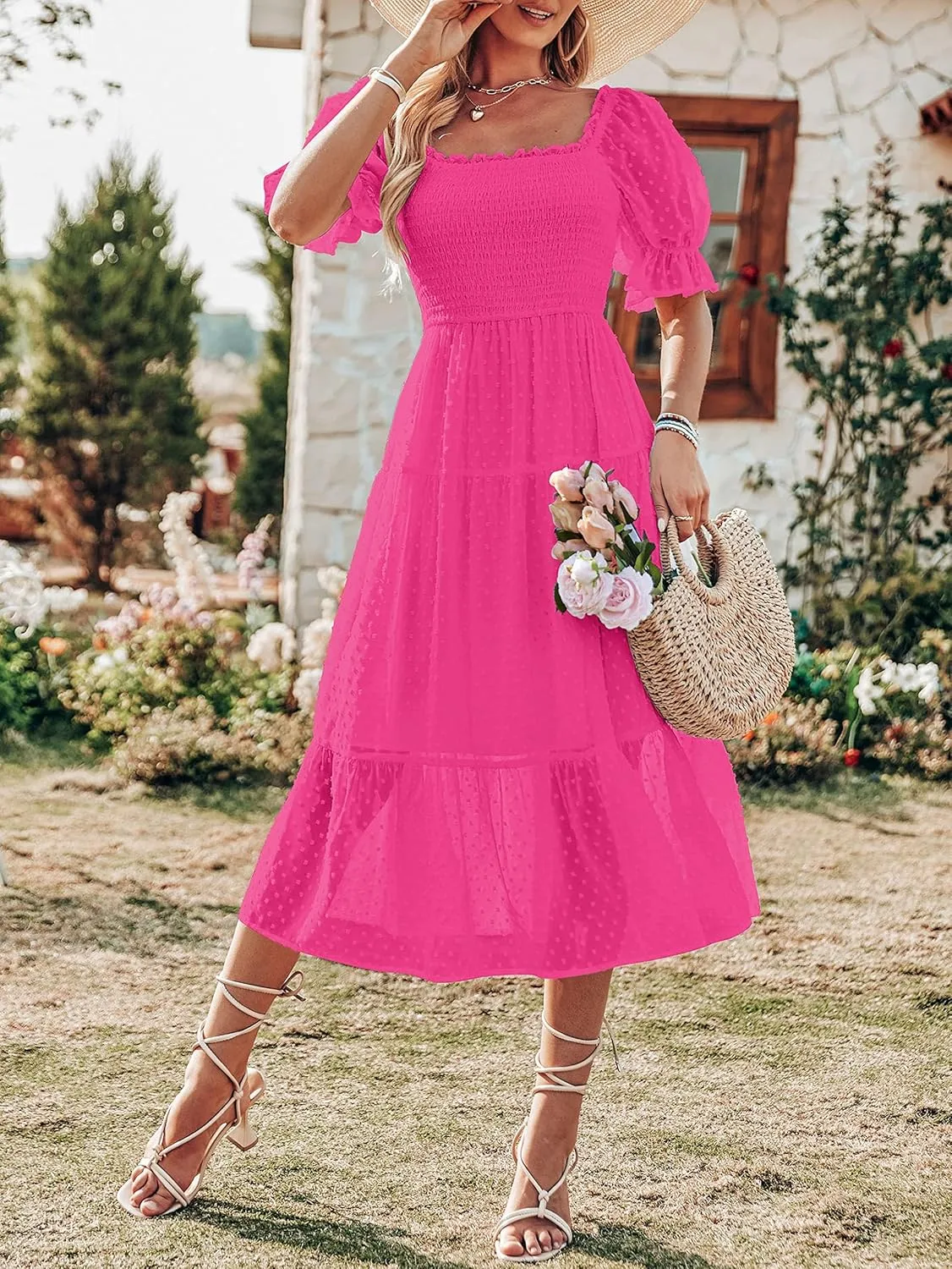 MEROKEETY Women's 2025 Summer Square Neck Puff Sleeve Boho Midi Dress Swiss Dot Ruffle Flowy Tie Back Dress