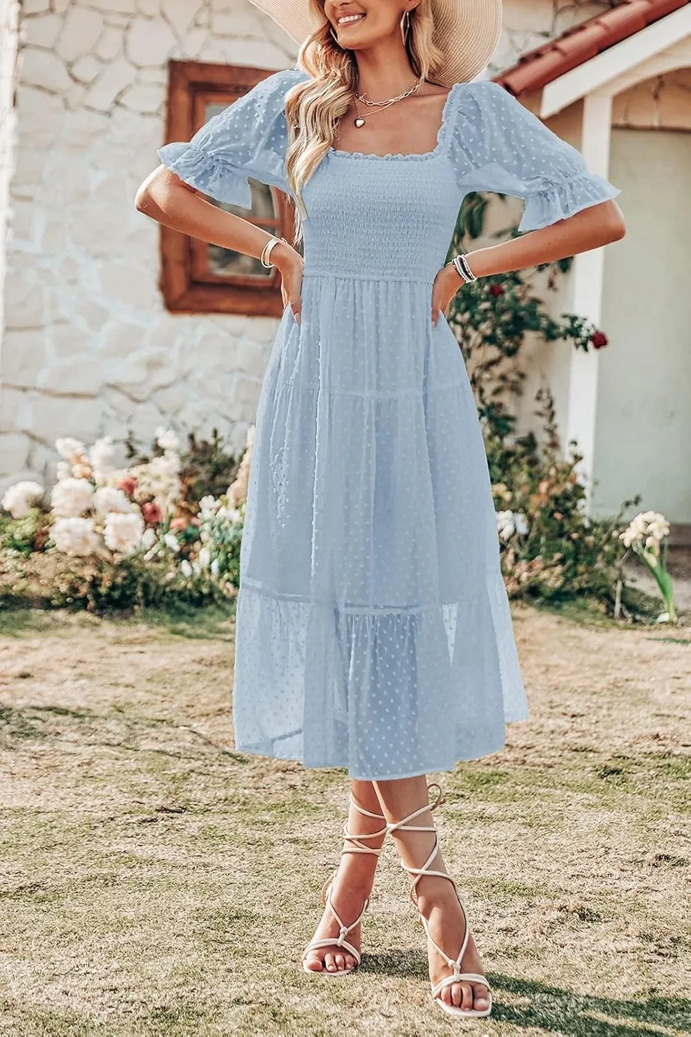 MEROKEETY Women's 2025 Summer Square Neck Puff Sleeve Boho Midi Dress Swiss Dot Ruffle Flowy Tie Back Dress