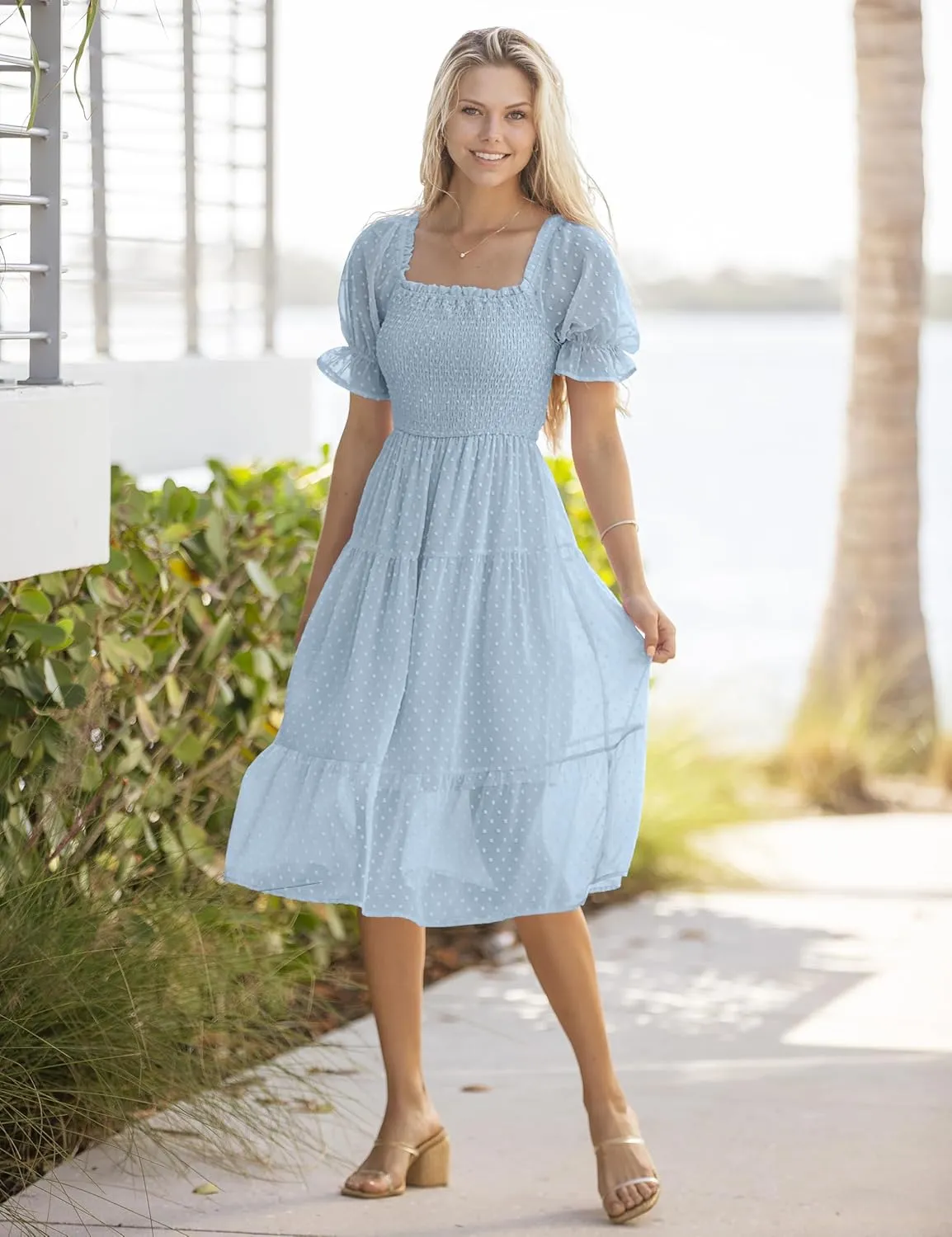MEROKEETY Women's 2025 Summer Square Neck Puff Sleeve Boho Midi Dress Swiss Dot Ruffle Flowy Tie Back Dress