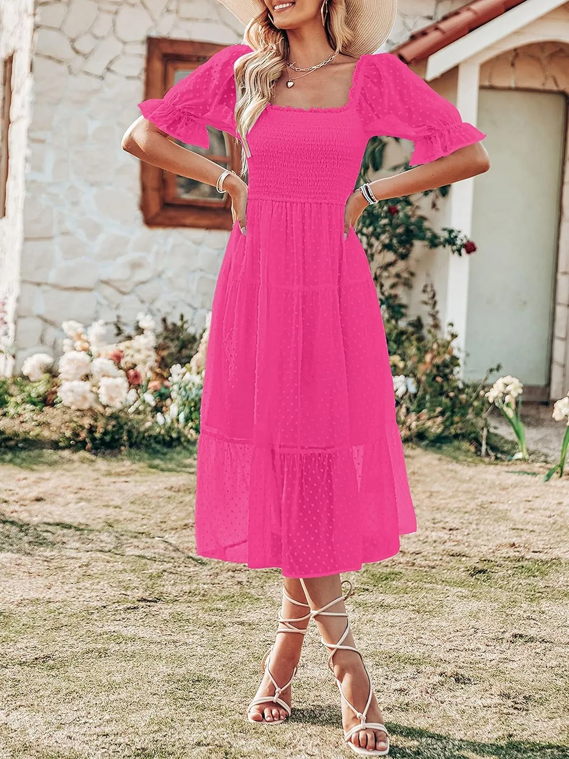 MEROKEETY Women's 2025 Summer Square Neck Puff Sleeve Boho Midi Dress Swiss Dot Ruffle Flowy Tie Back Dress