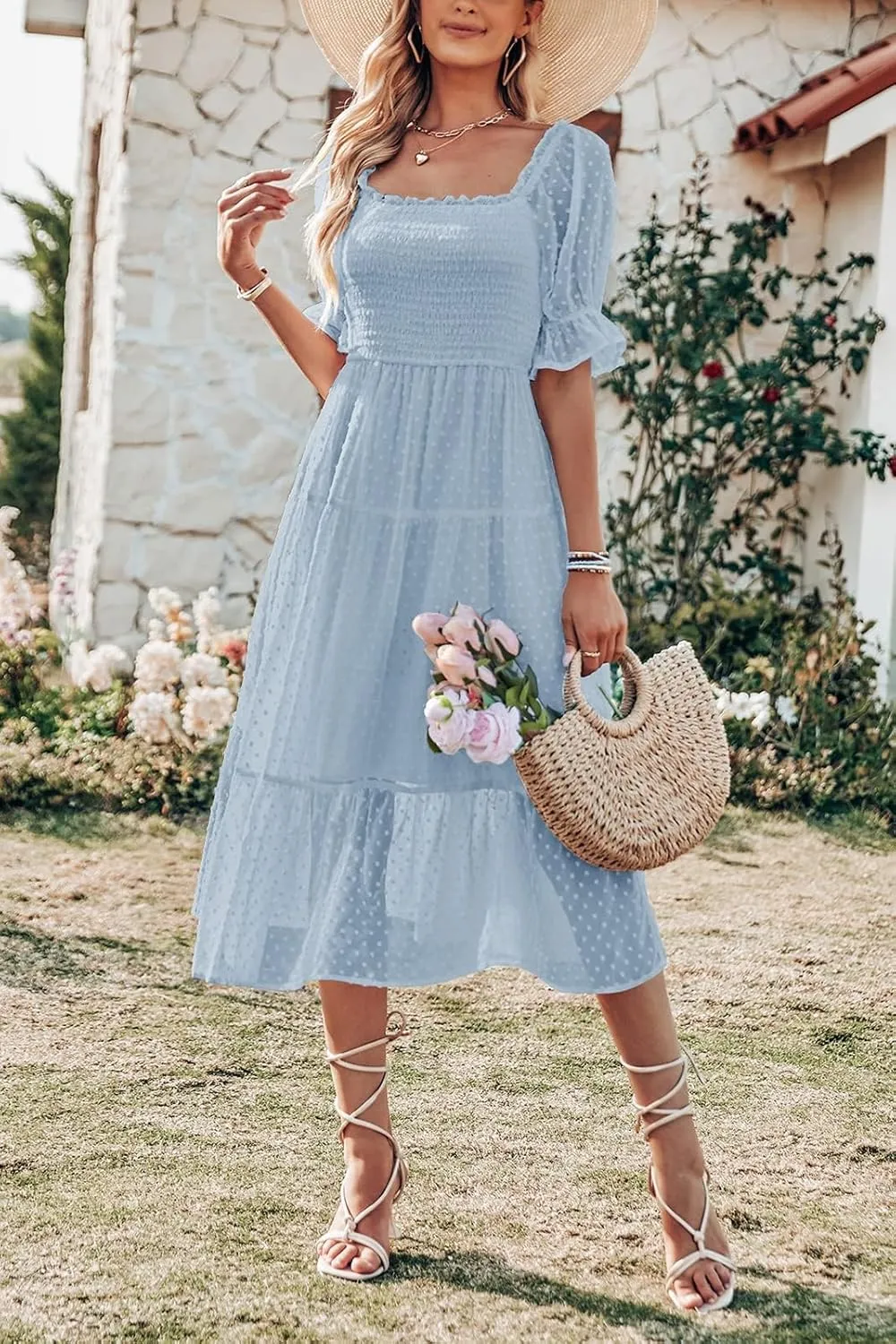MEROKEETY Women's 2025 Summer Square Neck Puff Sleeve Boho Midi Dress Swiss Dot Ruffle Flowy Tie Back Dress