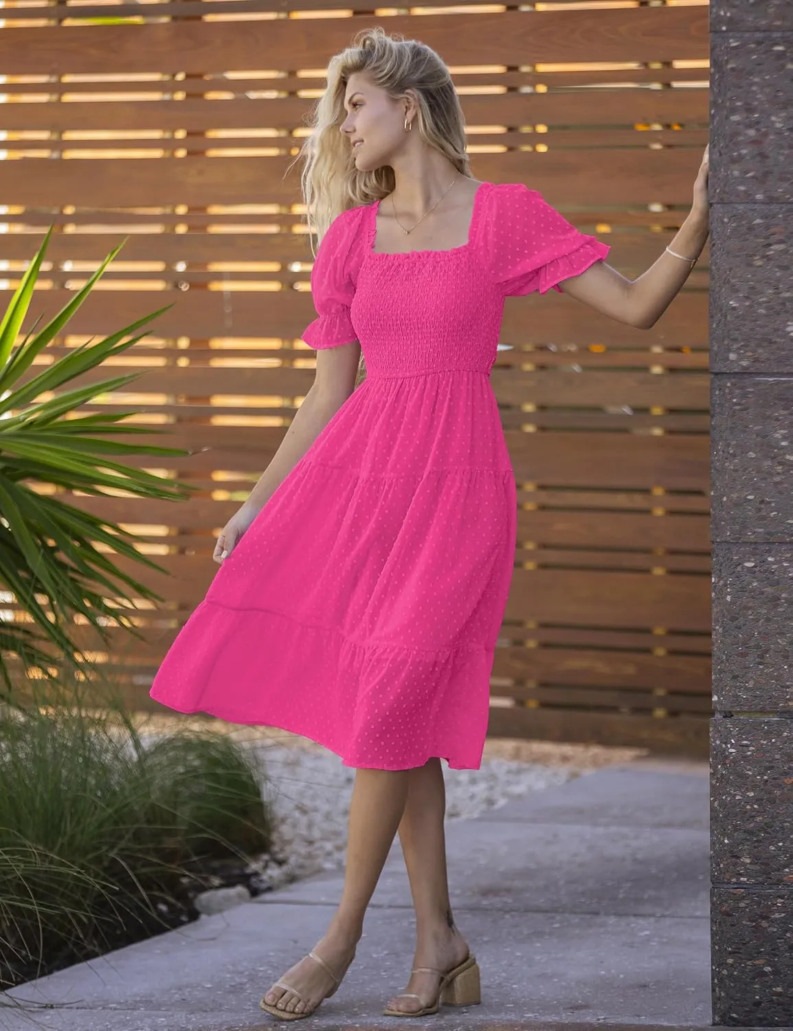 MEROKEETY Women's 2025 Summer Square Neck Puff Sleeve Boho Midi Dress Swiss Dot Ruffle Flowy Tie Back Dress