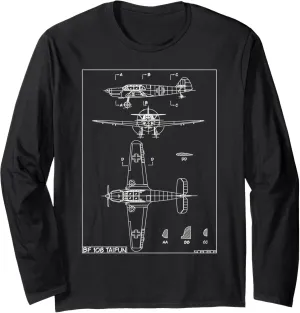 Messerschmitt Bf 108 Taifun WW2 German Plane Blueprint Long Sleeve T-Shirt