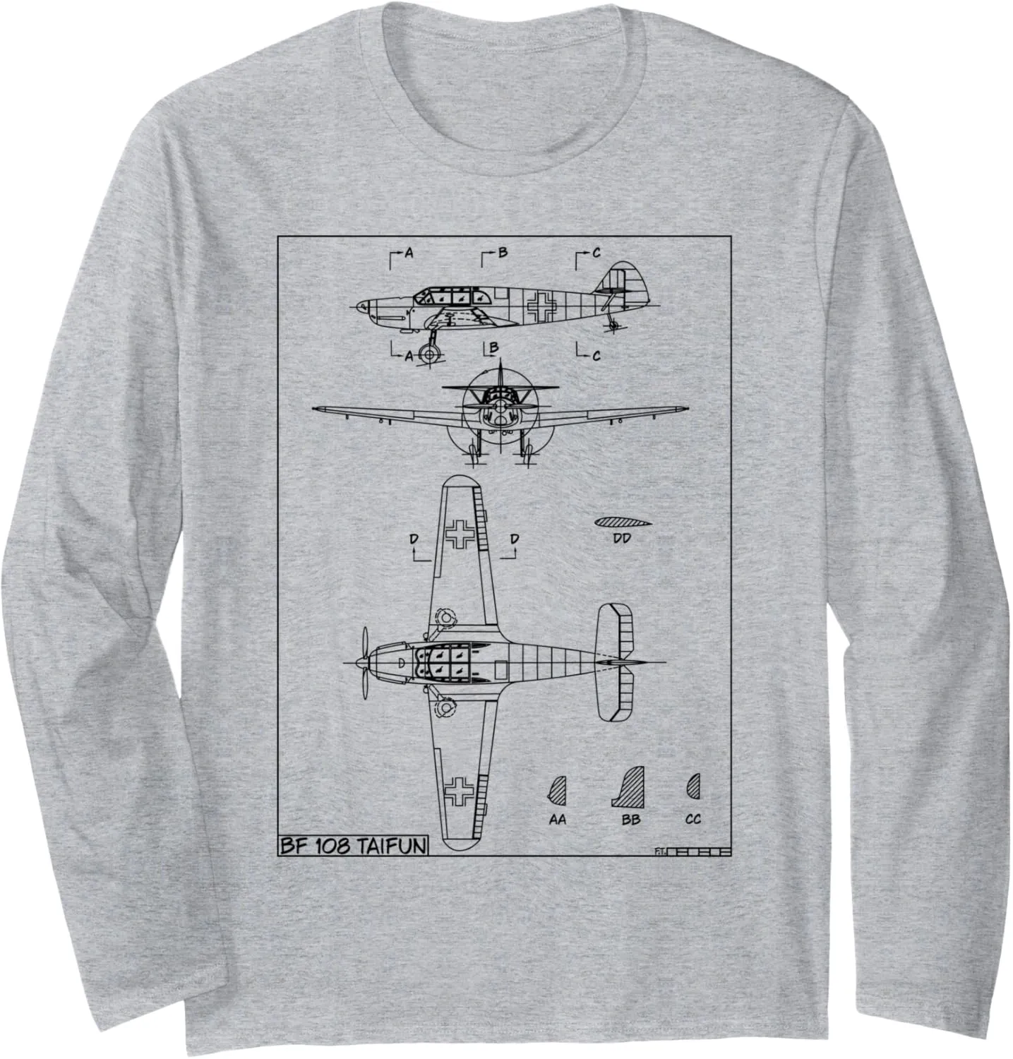 Messerschmitt Bf 108 Taifun WW2 German Plane Blueprint Long Sleeve T-Shirt