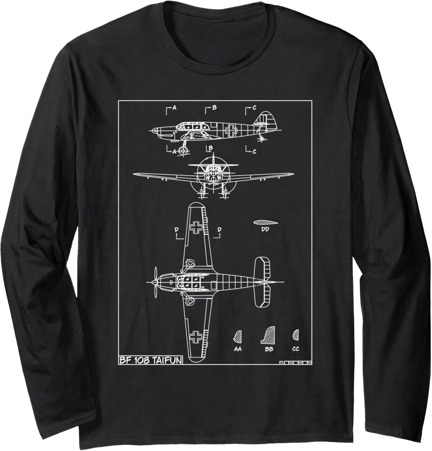 Messerschmitt Bf 108 Taifun WW2 German Plane Blueprint Long Sleeve T-Shirt