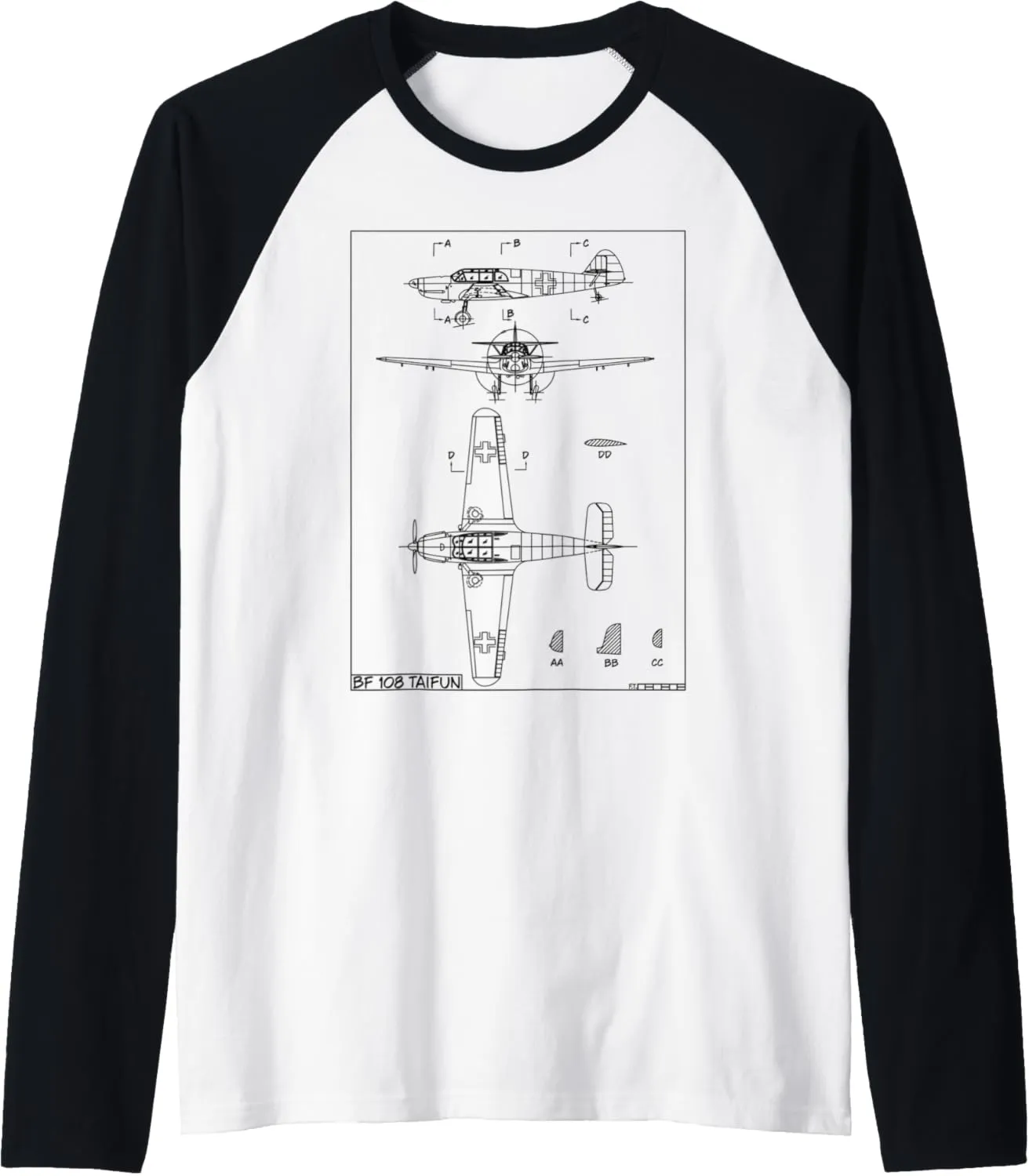 Messerschmitt Bf 108 Taifun WW2 German Plane Blueprint Raglan Baseball Tee