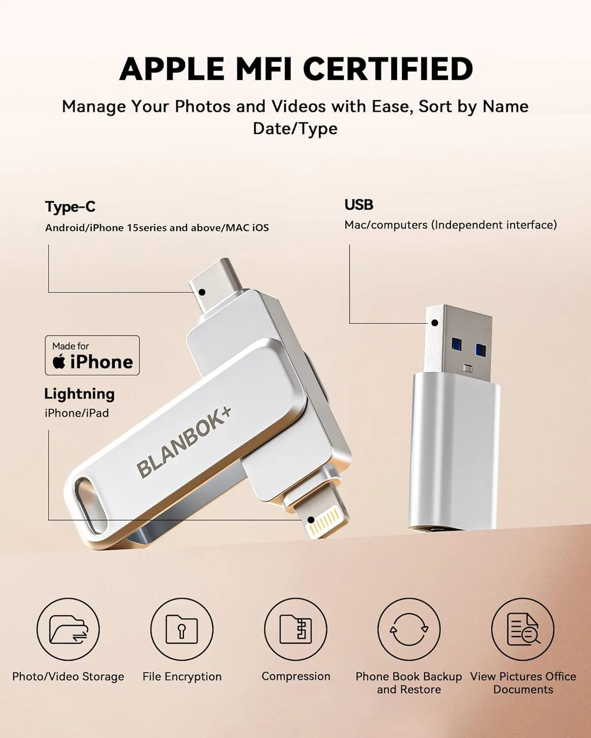 MFi Certified 128GB Flash Drive for iPhone Photo Stick, USB Thumb Drive Memory Stick High Speed USB Drive Photo Storage for iPhone Flash Drive Compatible for iPhone/iPad/Android/PC
