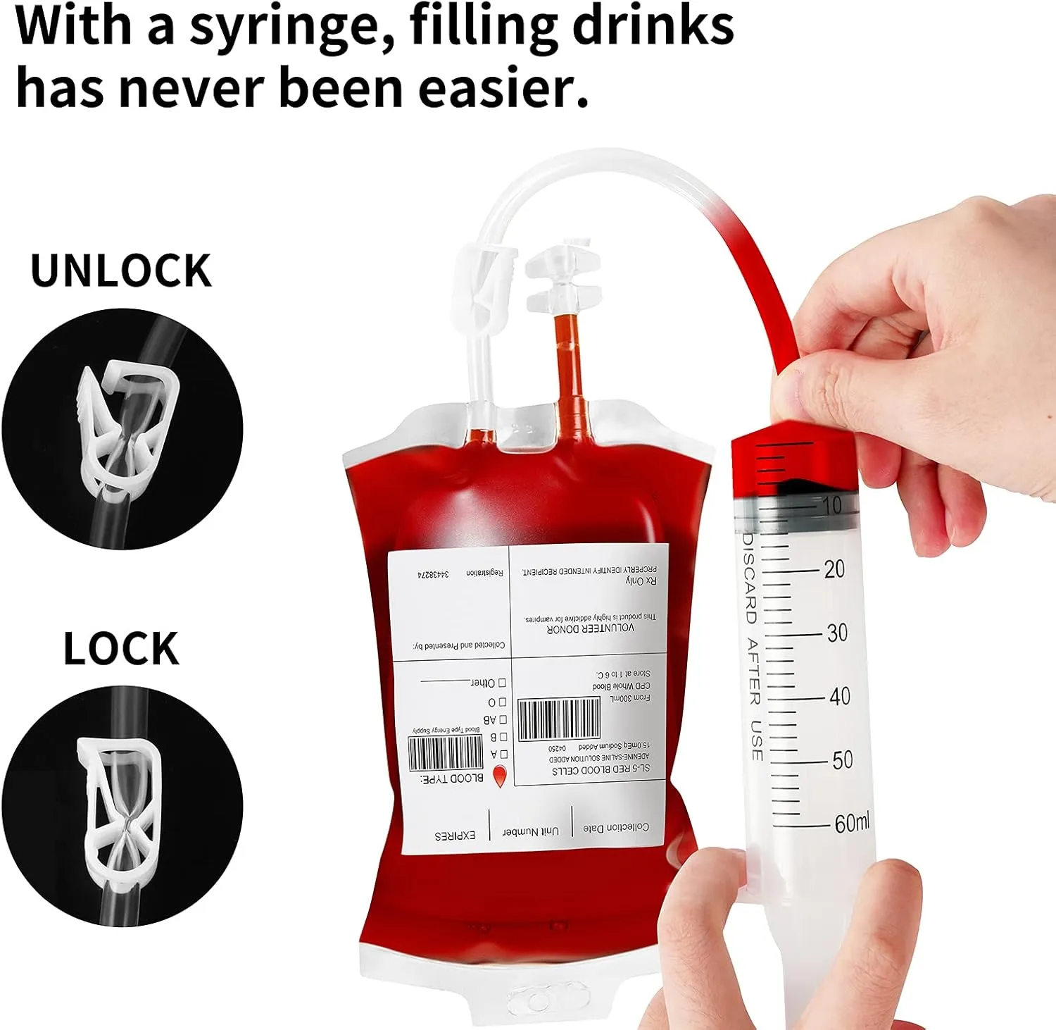 MGparty 50 Packs Halloween Blood IV Bags Reusable Drink Pouches Juice Containers for Halloween Zombie Vampire Party Decoration with Syringe and Clips, 10.14 fl.oz (50pcs Bags, 50 Labels, 3 Syringes)