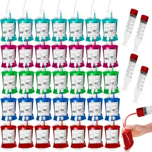 MGparty 50 Packs Halloween Blood IV Bags Reusable Drink Pouches Juice Containers for Halloween Zombie Vampire Party Decoration with Syringe and Clips, 10.14 fl.oz (50pcs Bags, 50 Labels, 3 Syringes)