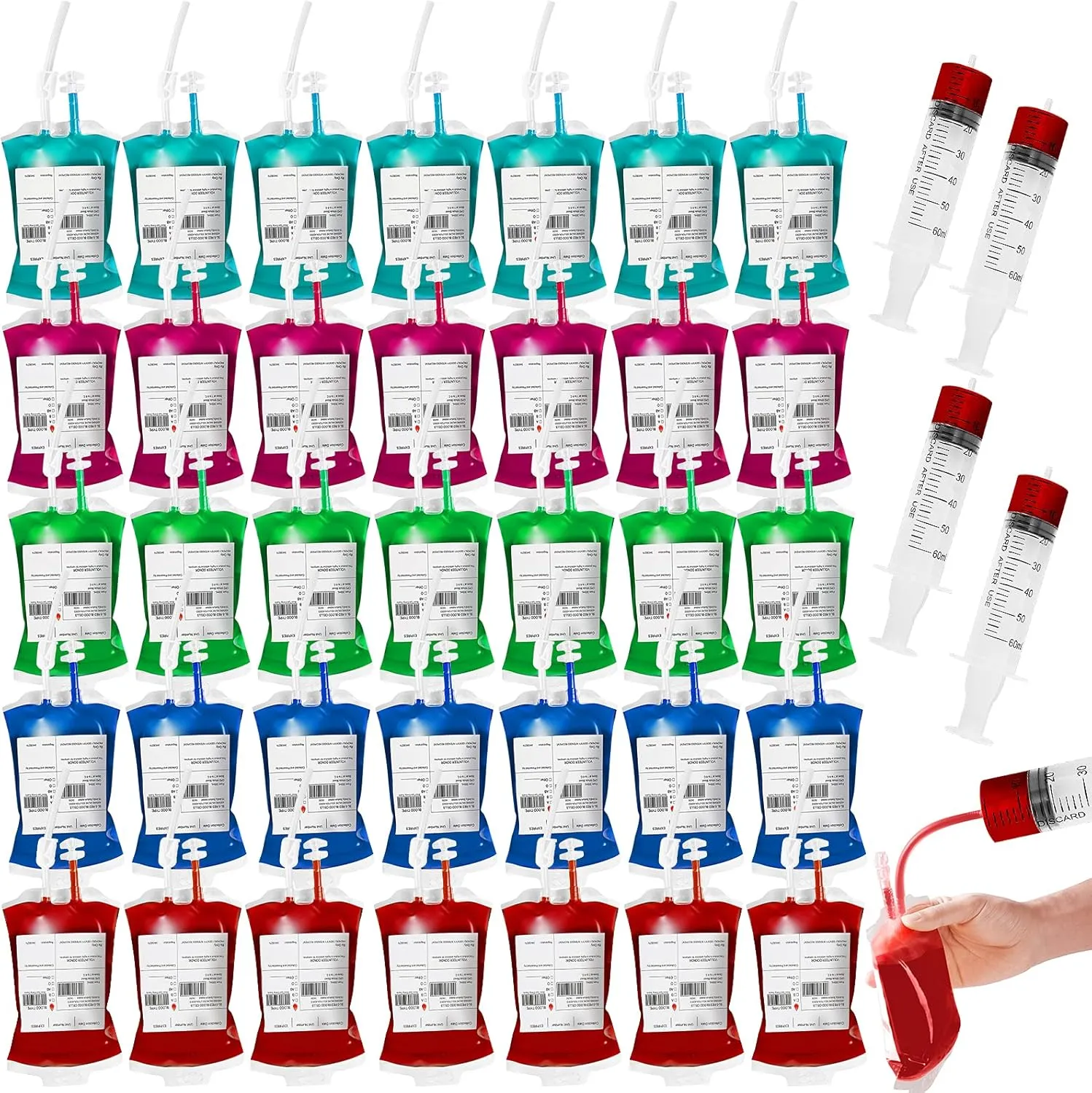 MGparty 50 Packs Halloween Blood IV Bags Reusable Drink Pouches Juice Containers for Halloween Zombie Vampire Party Decoration with Syringe and Clips, 10.14 fl.oz (50pcs Bags, 50 Labels, 3 Syringes)