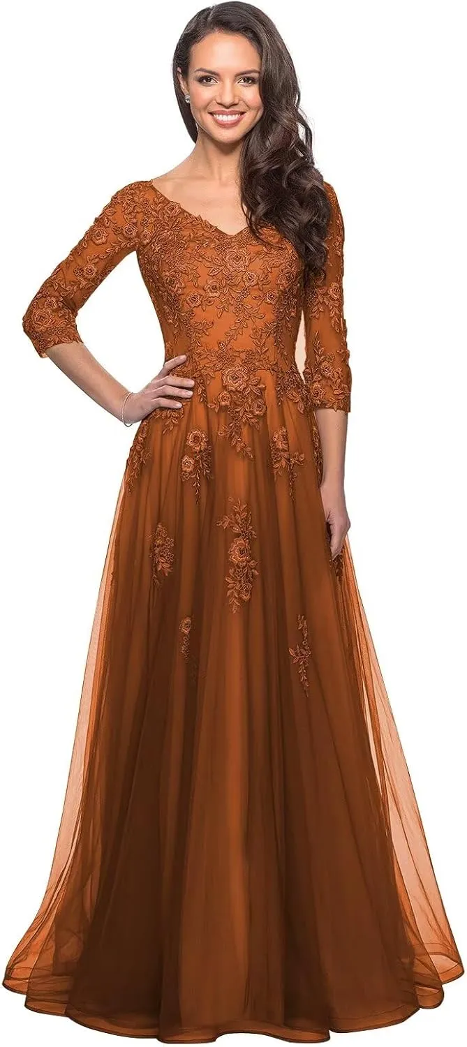 Miao Duo Women's Floral Lace Appliques 3/4 Sleeve Mother of The Bride Dresses Long V Neck Formal Dresses with Pockets YZTS028