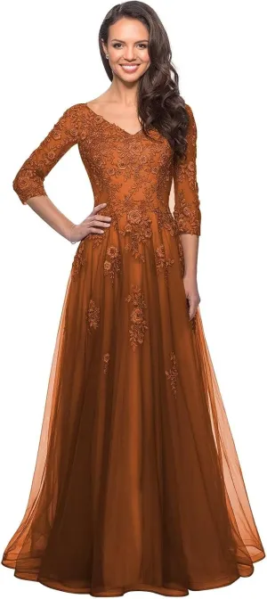 Miao Duo Women's Floral Lace Appliques 3/4 Sleeve Mother of The Bride Dresses Long V Neck Formal Dresses with Pockets YZTS028