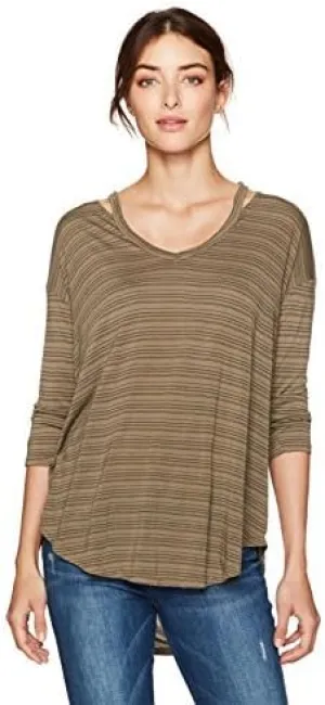 Michael Stars Women's 3/4 Sleeve V-Neck Tee with Split Shoulder, Olive Moss, One Size