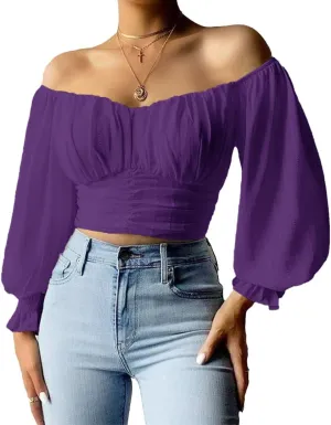 MIRACMODA Womens Elegant Off The Shoulder Puff Sleeve Blouse Summer Chiffon Slim Fit Party Crop Top