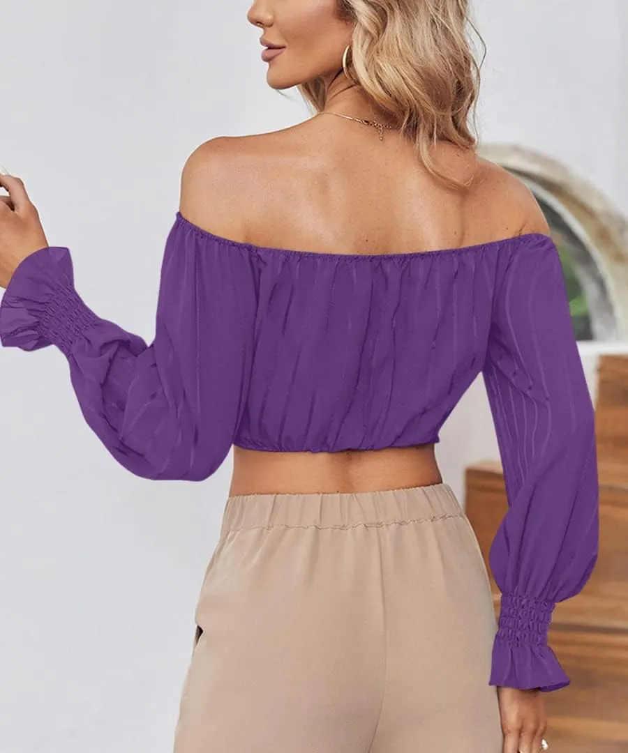 MIRACMODA Womens Elegant Off The Shoulder Puff Sleeve Blouse Summer Chiffon Slim Fit Party Crop Top
