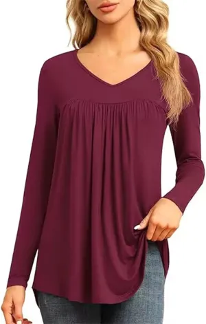 Miyaomn Casual Long Sleeve Tunic Tops for Women V Neck Pleated Front T-Shirts Hide Belly Slim Fit Spring Fall Dressy Blouses