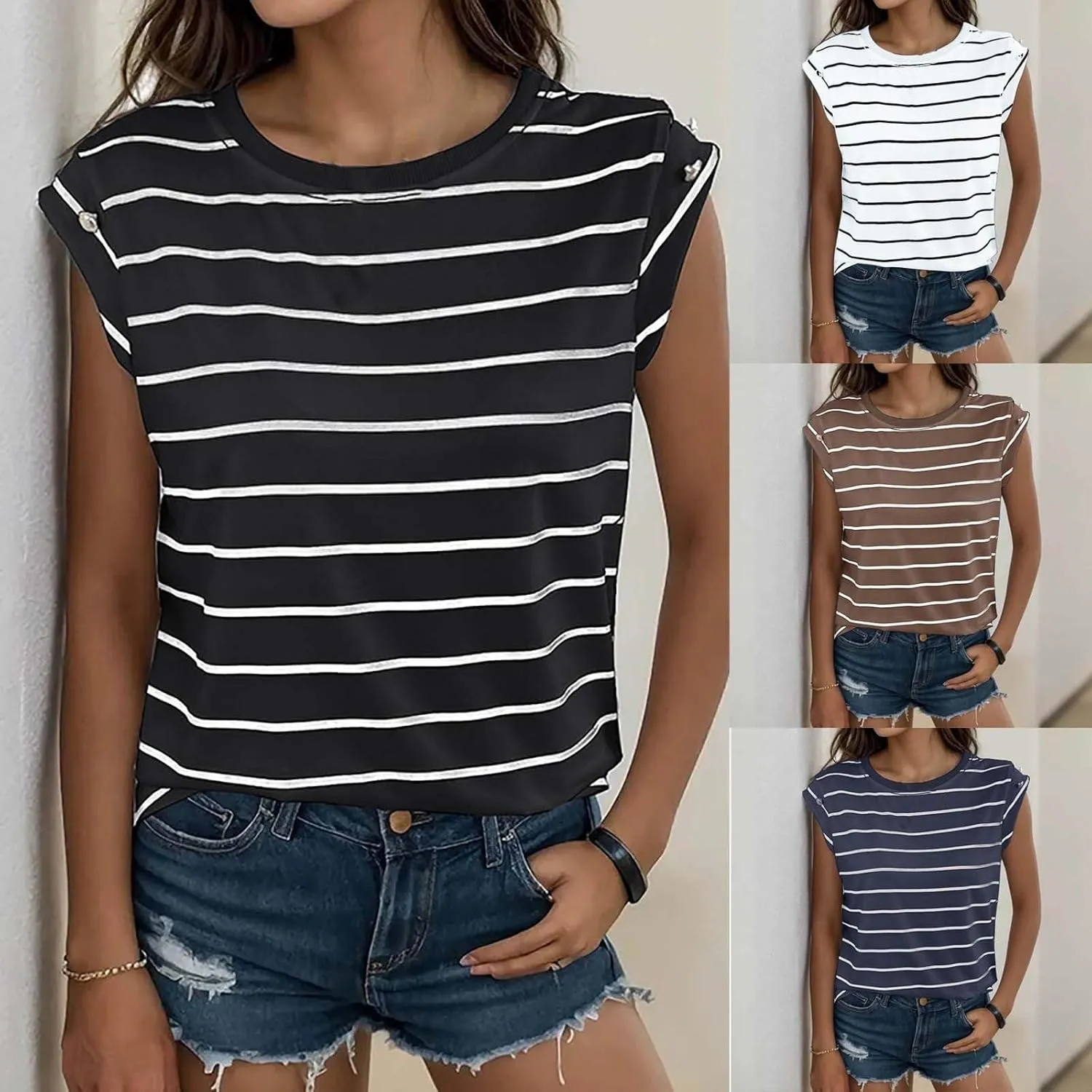 Miyaomn Casual Stripes T-Shirts for Women Slim Fit Capped Sleeve Crew Neck Lightweight Tops Fashion Summer Sleeveless Blouses