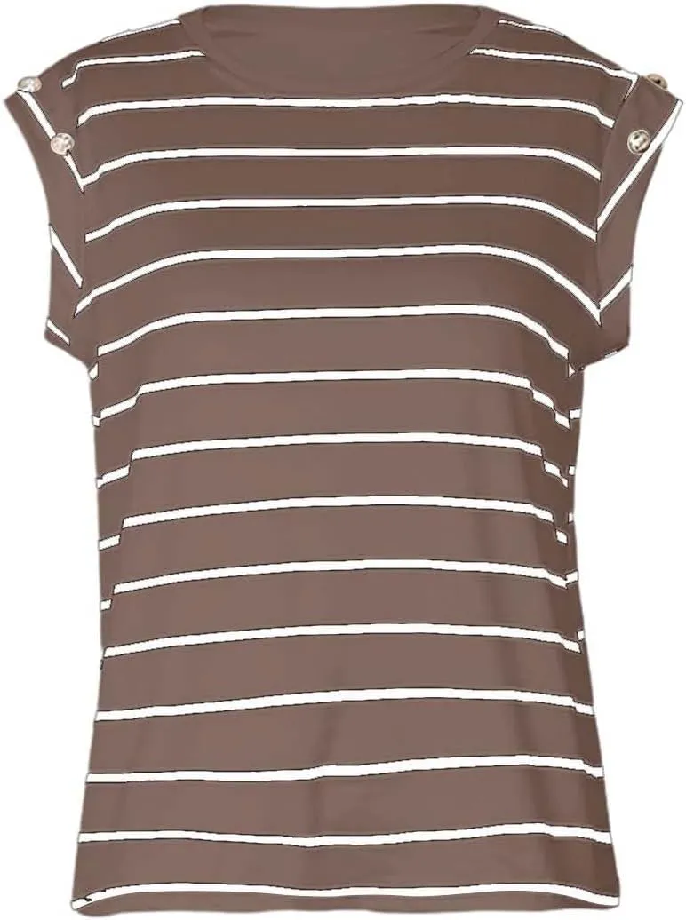 Miyaomn Casual Stripes T-Shirts for Women Slim Fit Capped Sleeve Crew Neck Lightweight Tops Fashion Summer Sleeveless Blouses