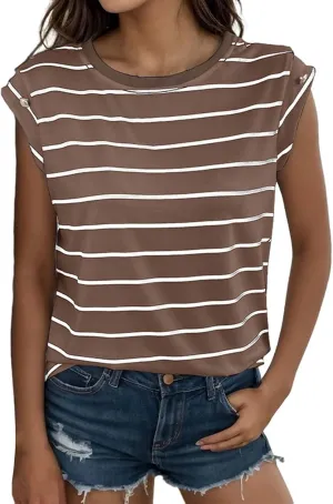 Miyaomn Casual Stripes T-Shirts for Women Slim Fit Capped Sleeve Crew Neck Lightweight Tops Fashion Summer Sleeveless Blouses