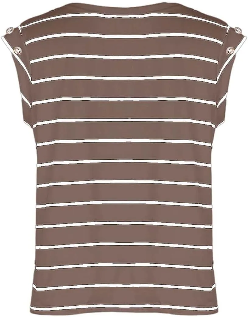 Miyaomn Casual Stripes T-Shirts for Women Slim Fit Capped Sleeve Crew Neck Lightweight Tops Fashion Summer Sleeveless Blouses