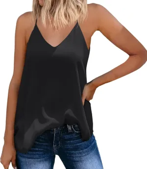 Miyaomn Chiffon V Neck Cami Tank Tops for Women Loose Fit Flowy Spaghetti Strap Camisole Summer Casual Sleeveless Vest Shirts